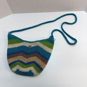 The Sak Crochet Chevron Crossbody Shoulder Bag Teal Tan Green Boho Purse
